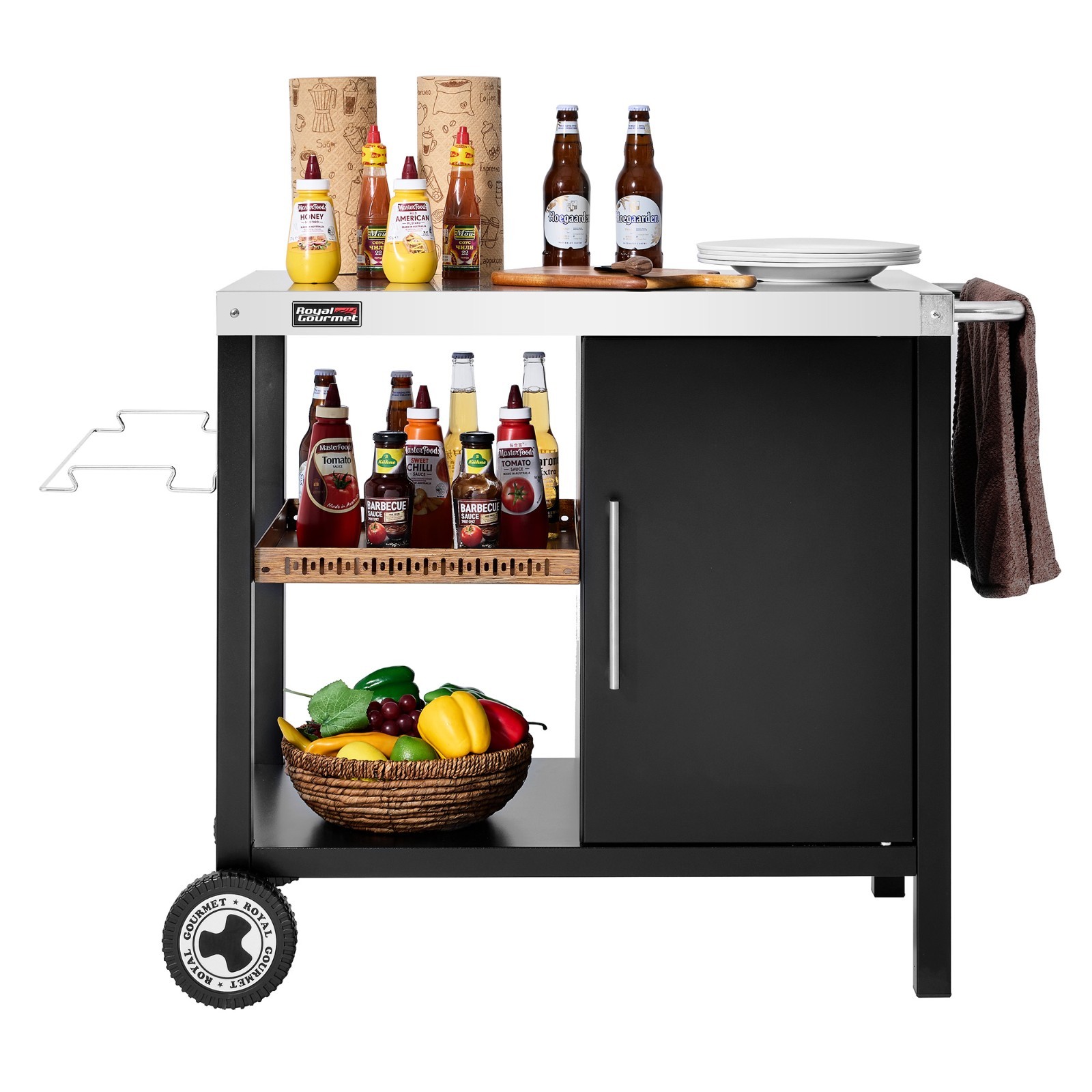 Royal Gourmet 3-Tier Dining Cart with Storage Cabinet, Movable Food Prep, Black