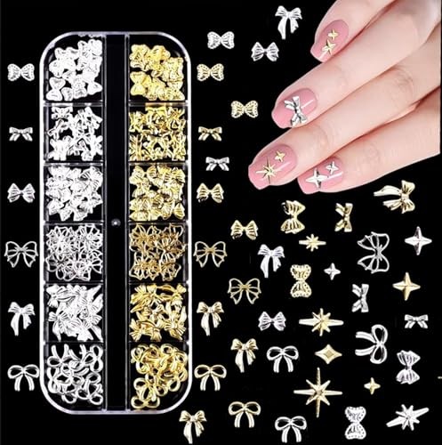 150PCS Gold Bow Nail Charm 3D Silver Nail Bows 12 Styles Gold Silver Bows Box
