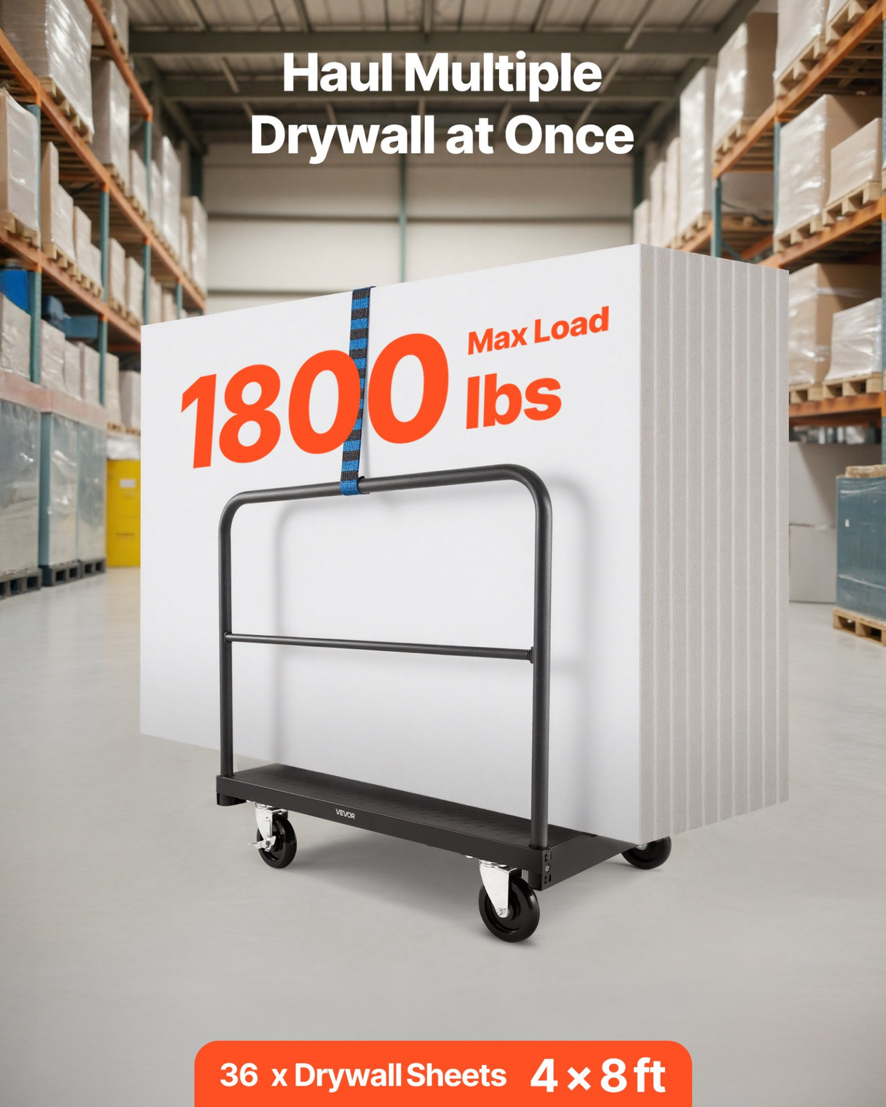 Drywall Cart Dolly 1800 lbs Load, 2-in-1 Steel Panel Truck w/ Casters & Rails