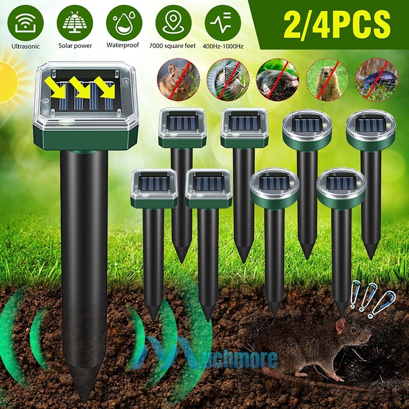 2/4x Solar Power Ultrasonic Mice Gopher Mole Pest Snake Animal Repeller 7000ft.