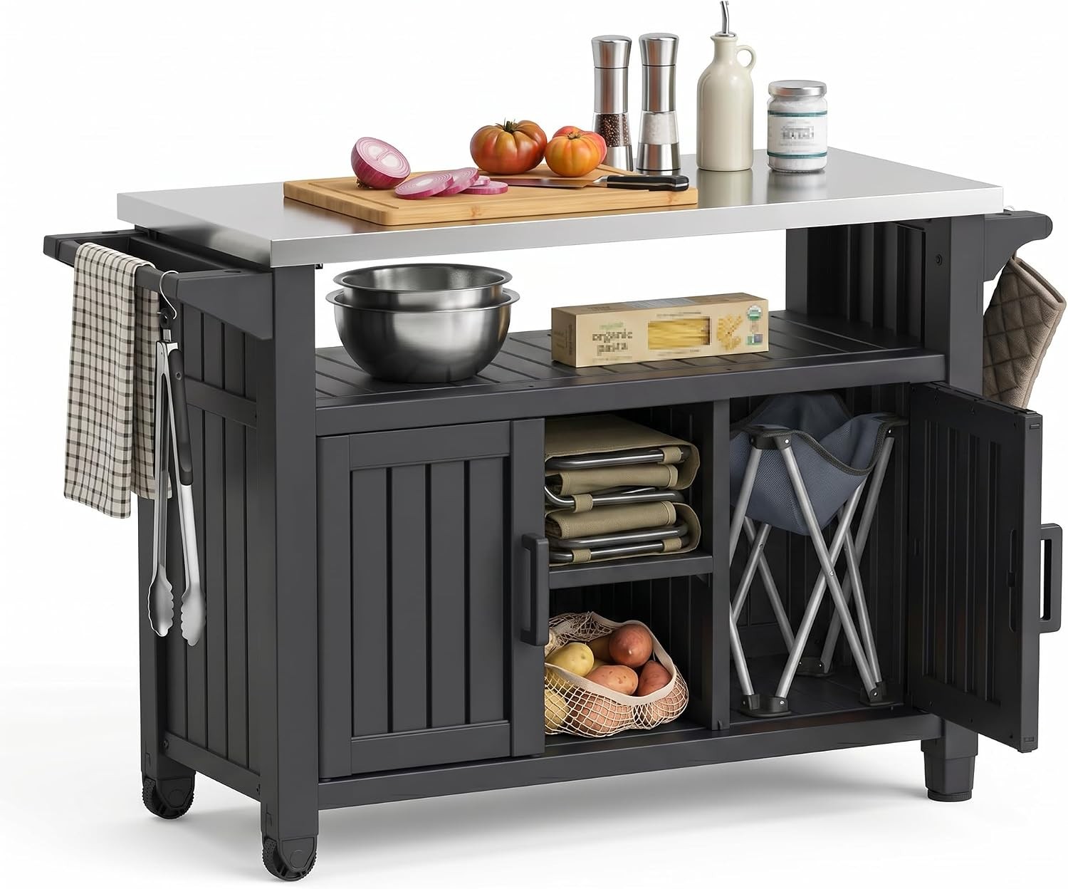 Outdoor Storage Cabinet,Patio Storage Table Bar Table W/ Wheels,Outdoor Bar Cart