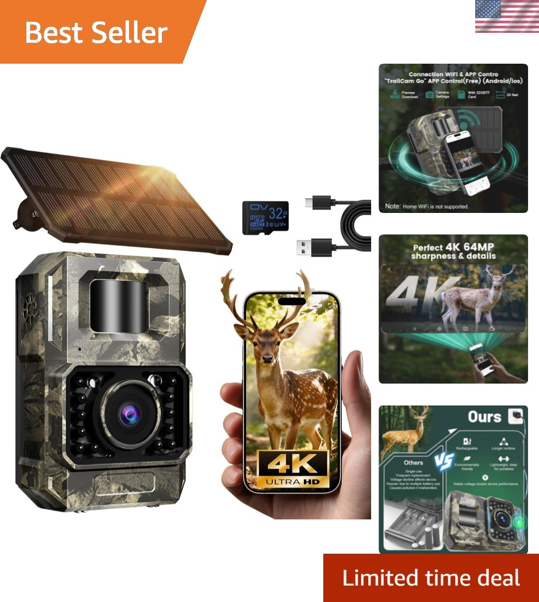 Solar WiFi Trail Camera Bluetooth Game Camera, 4K 64MP Wildlife Cameras 2000m...