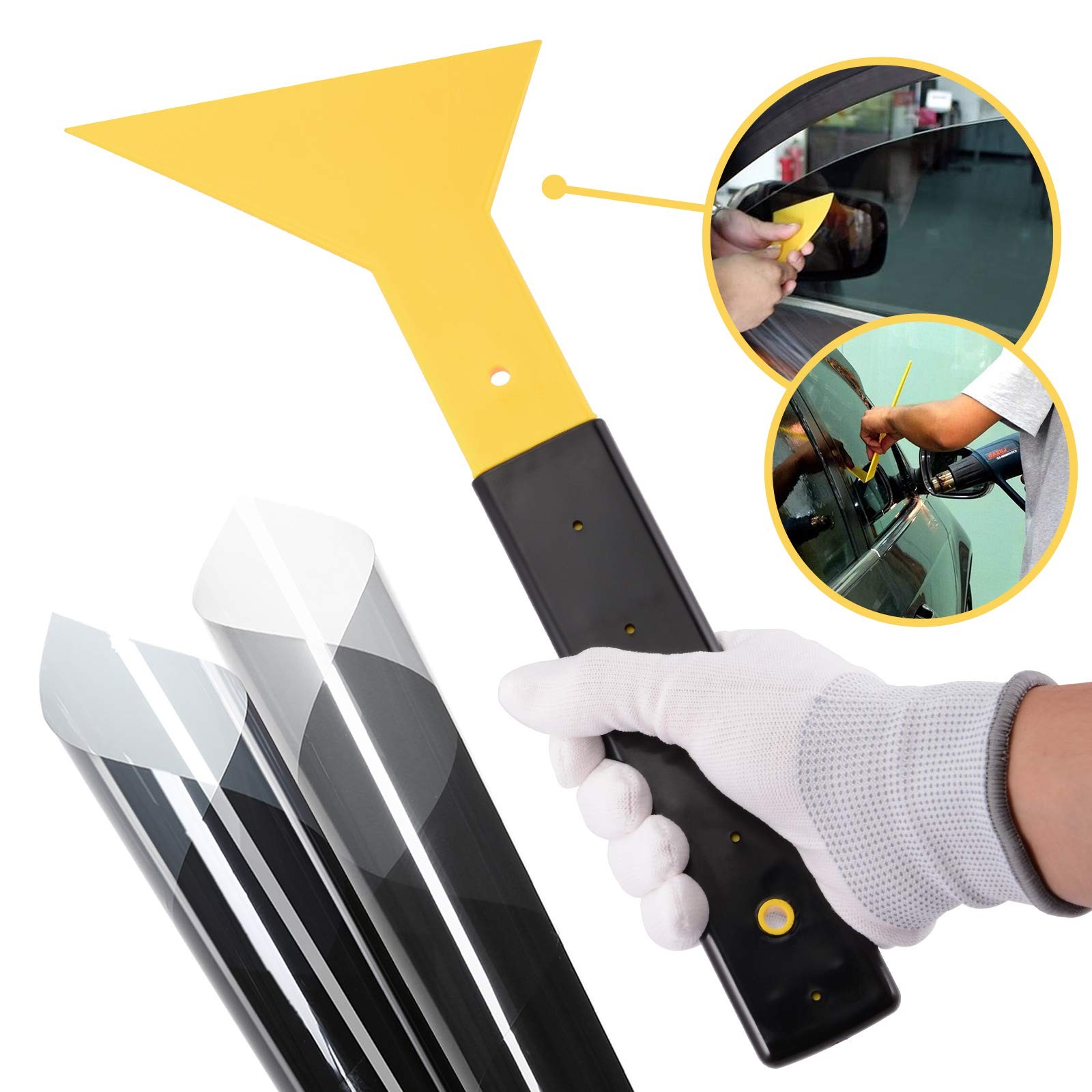 EHDIS Window Tint Squeegee Long Handle Scraper Tool Triangle Slim Foot Yellow