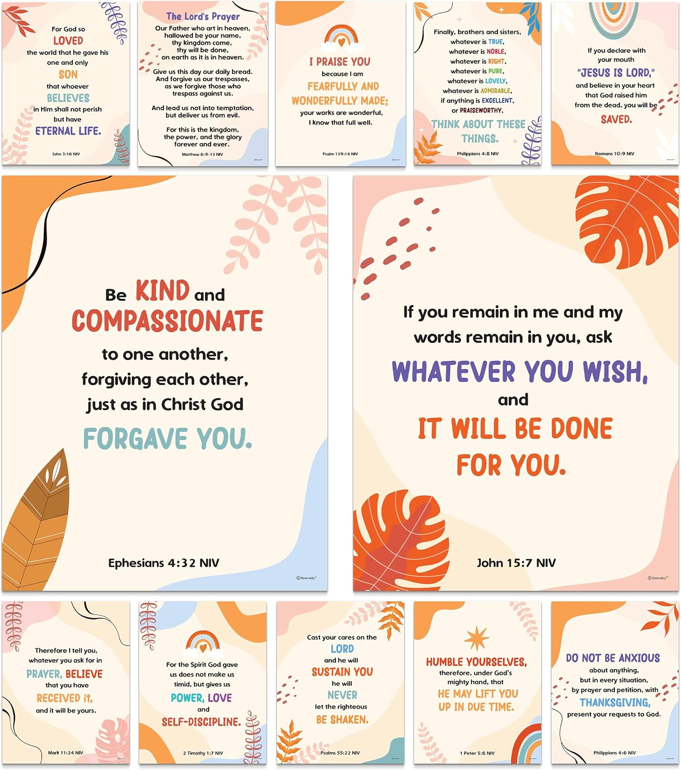 12 Boho Christian Posters for High School Classroom, 11X14In