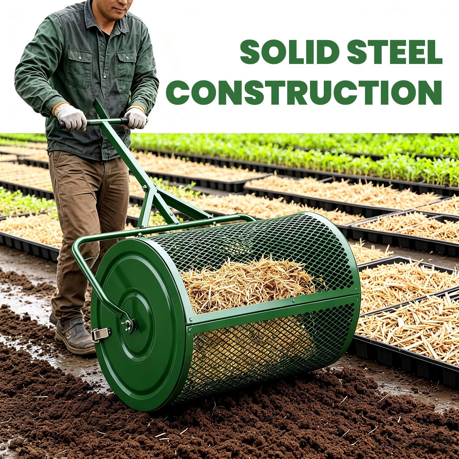 24" Peat Moss Spreader Heavy Duty Compost Roller Adjustable T Handle Lawn