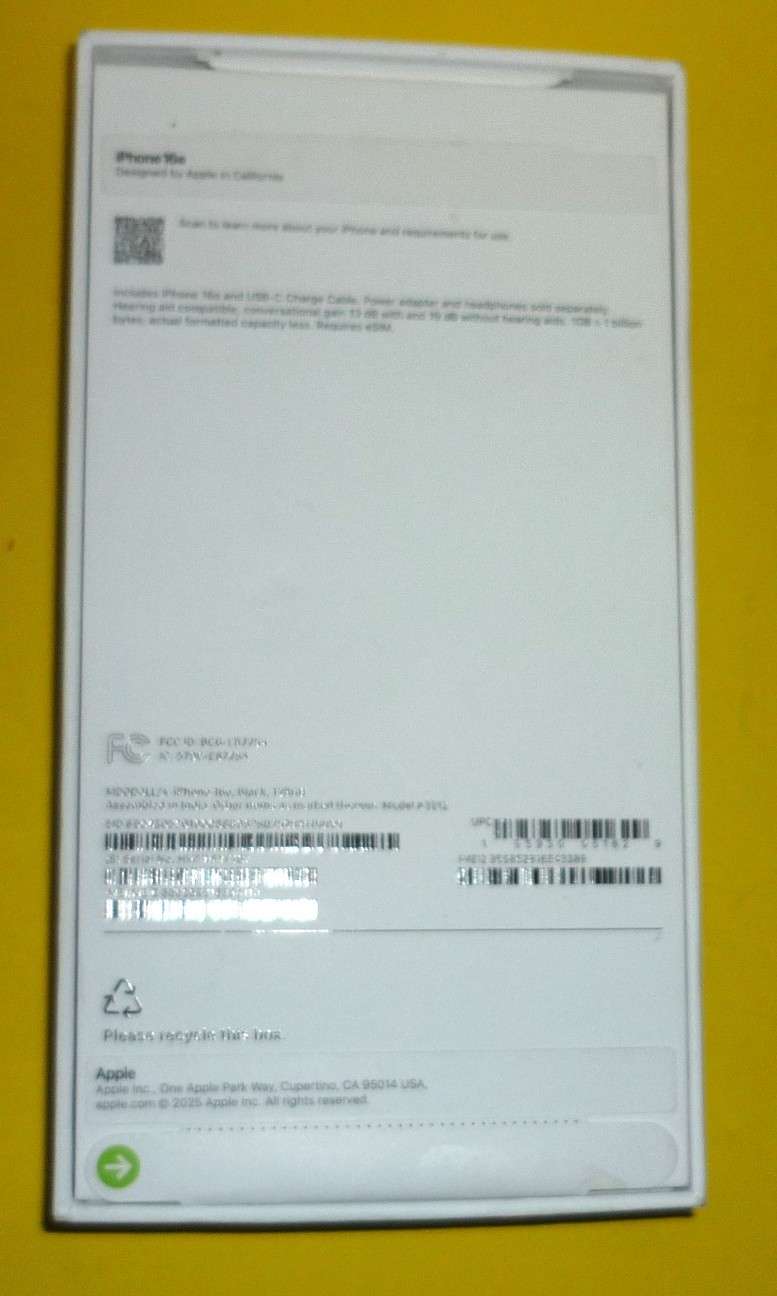 Apple A3212 iPhone 16e Black 128GB - Empty Box ONLY