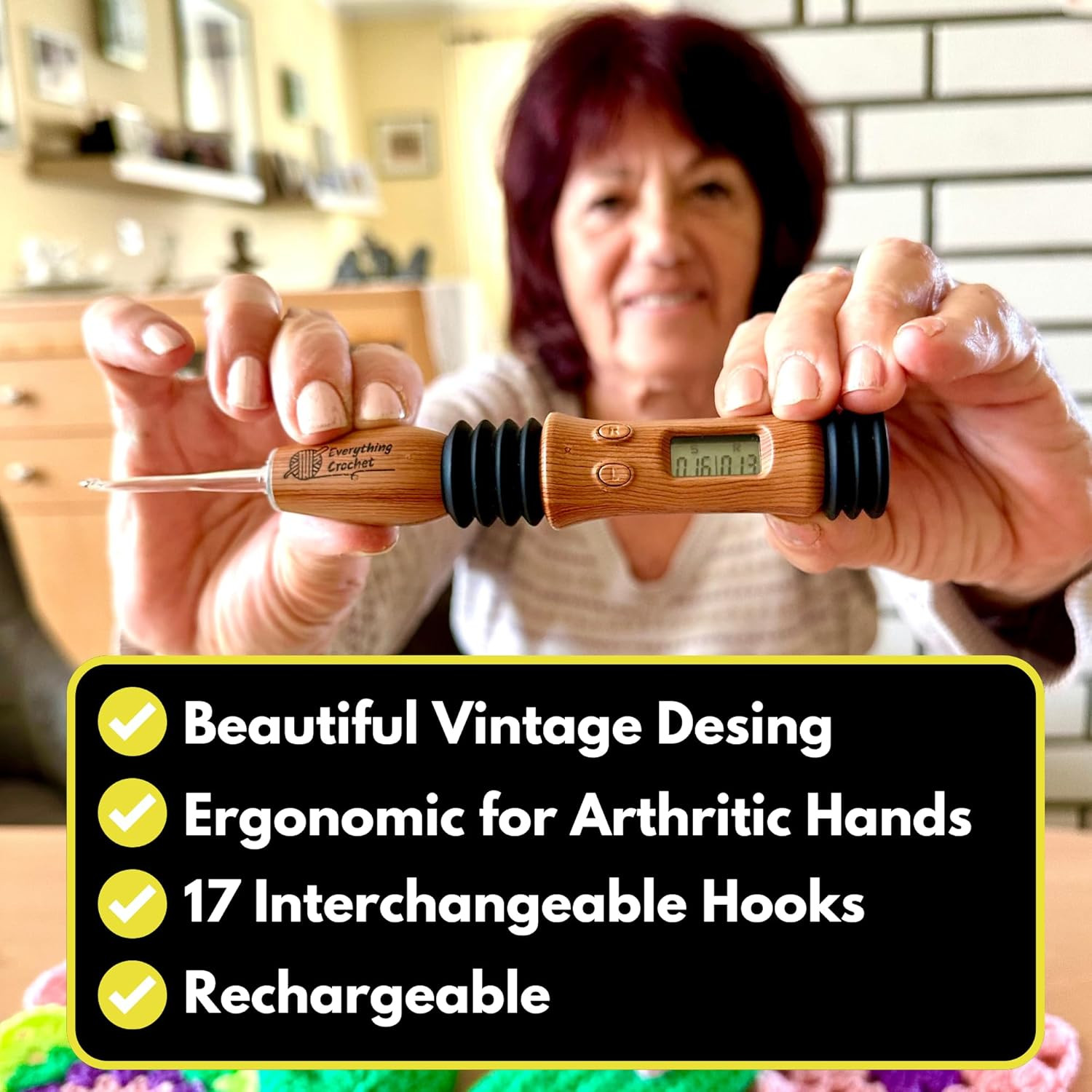 Vintage Counting Crochet Hook Set with Light & Counter - Ergonomic for Arthritic