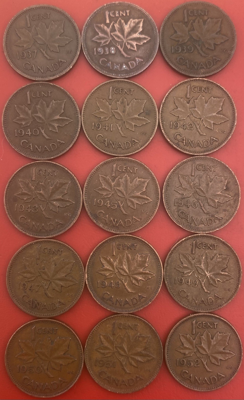 Canada 🇨🇦 Small 1 Cent Date Run 15x 1937-1952 Coins George VI