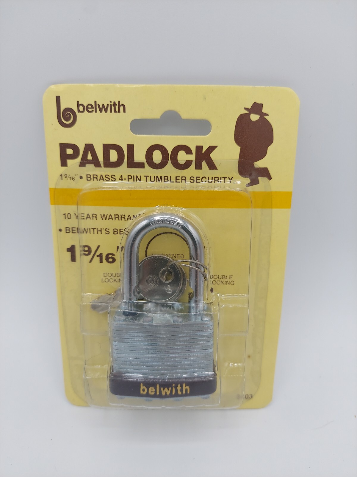 Belwith 1 9/16" Steel Padlock #3403, Brass 4-Pin Tumbler, NOS 1984, NEW & SEALED