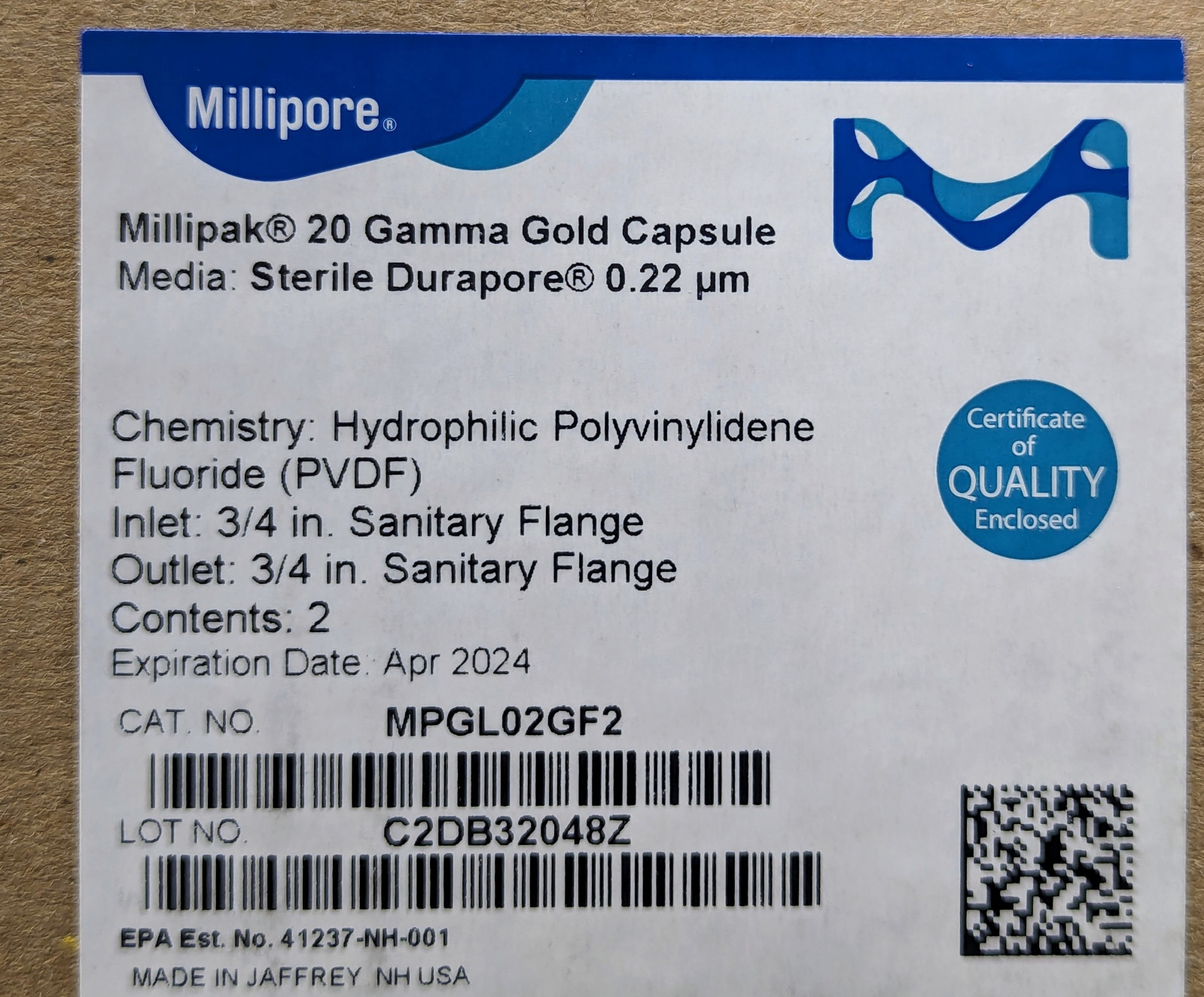 Millipore MPGL02GF2 Durapore 0.22 µm, Millipak 20 Capsule