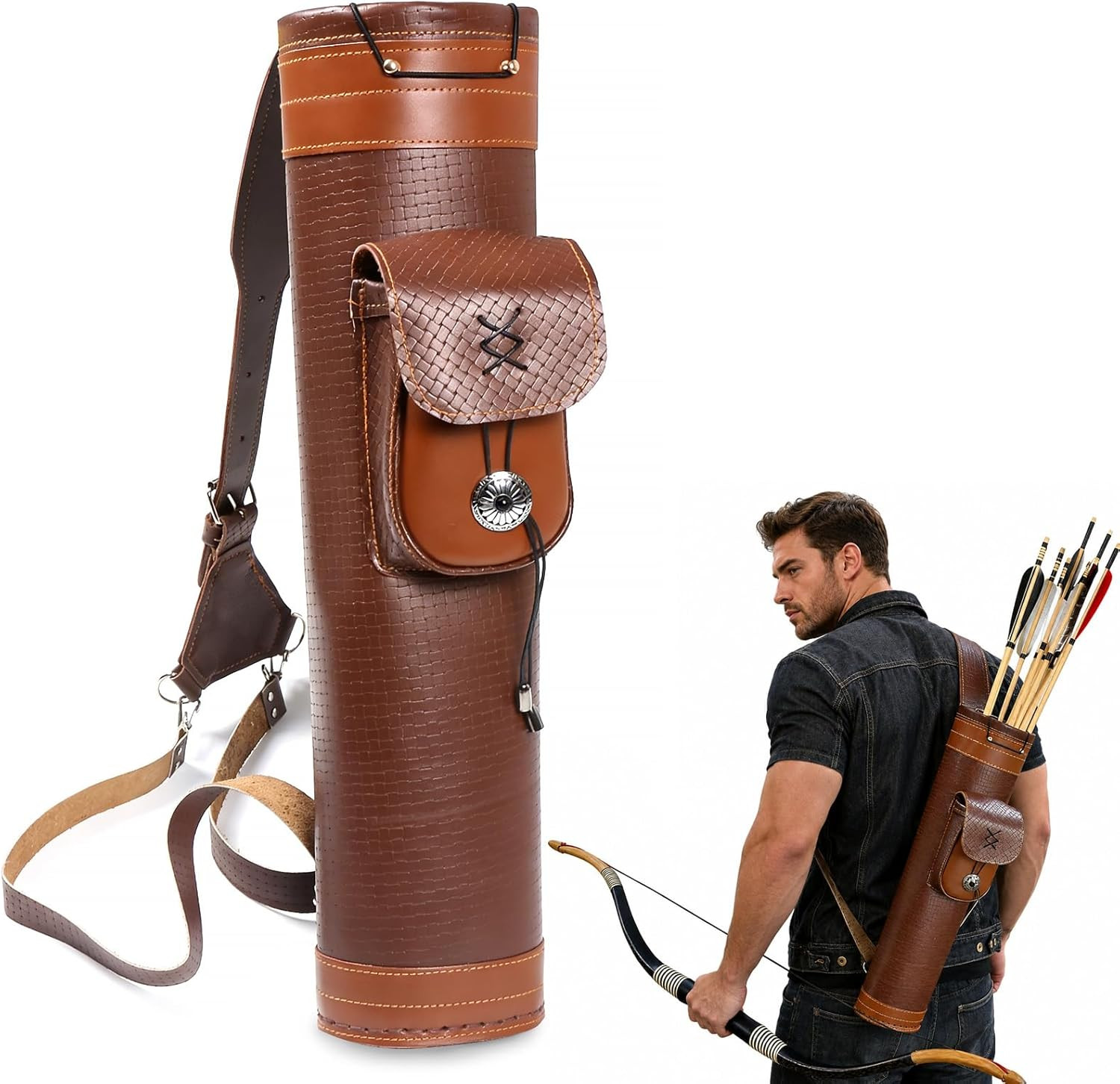Traditional Shoulder Back Quiver Bow Leather Arrow Holder with Large Pouch Handm