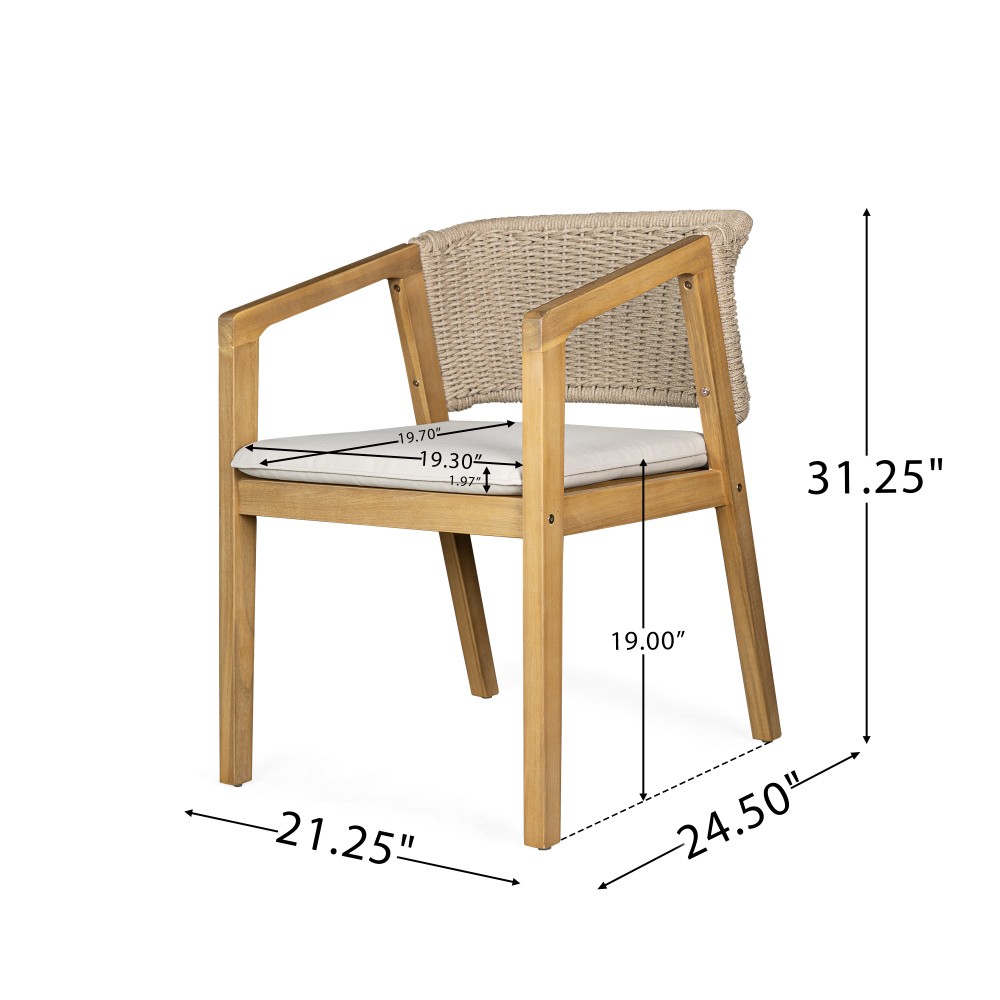 Dining Chair Set of 2 - Light Teak Acacia Wood, Patio Style with Rope Backrest