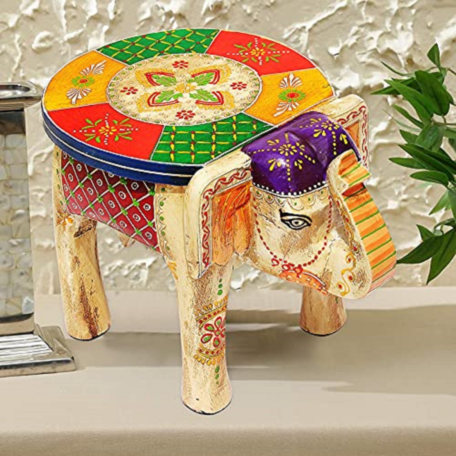 Wooden Handmade Elephant Shape Floor Decor Side Stool, Kids Stool, Garden Stool