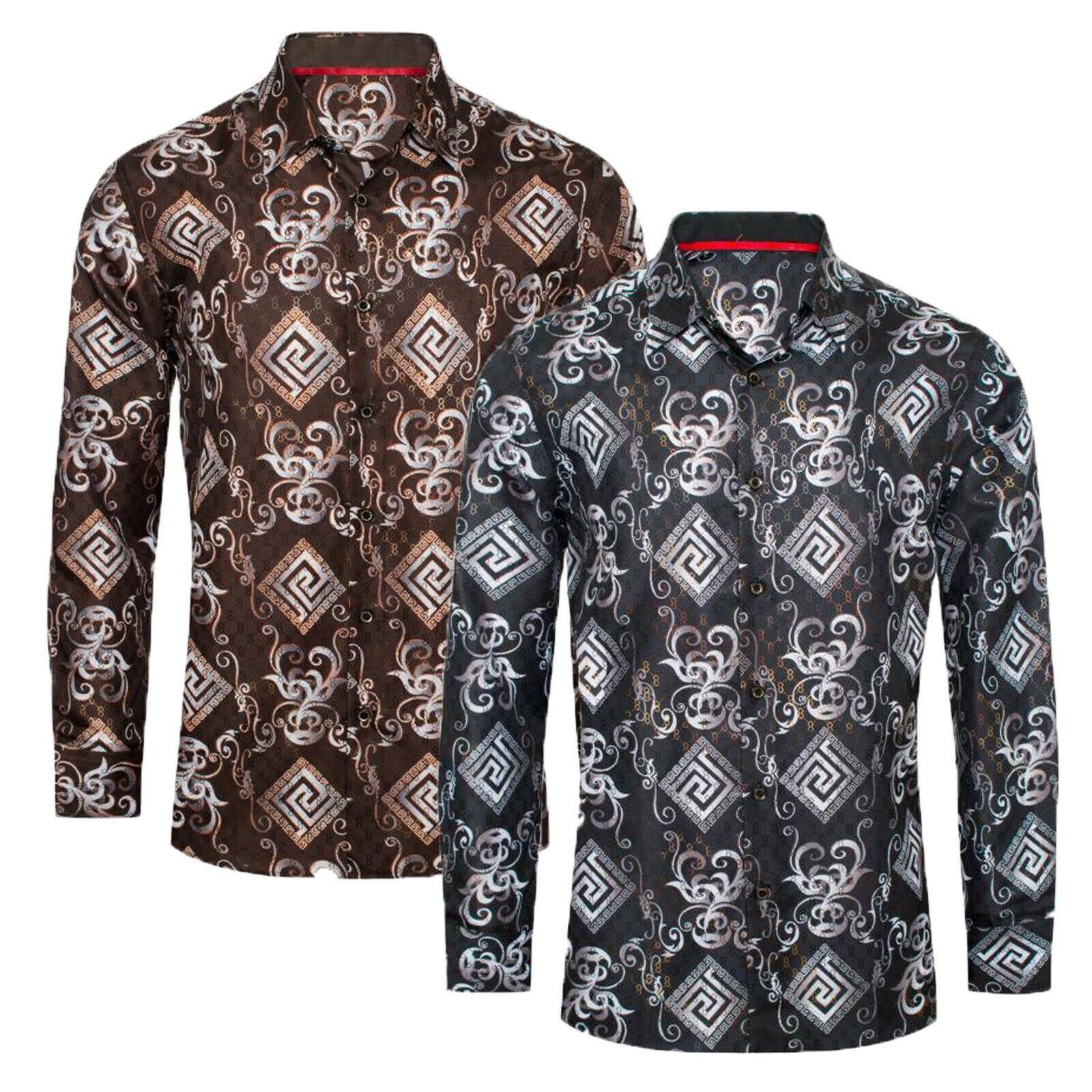 Mens Shirt Luxury Floral Prints Gold Foil Overlay Stretch Slim Fit Button Up