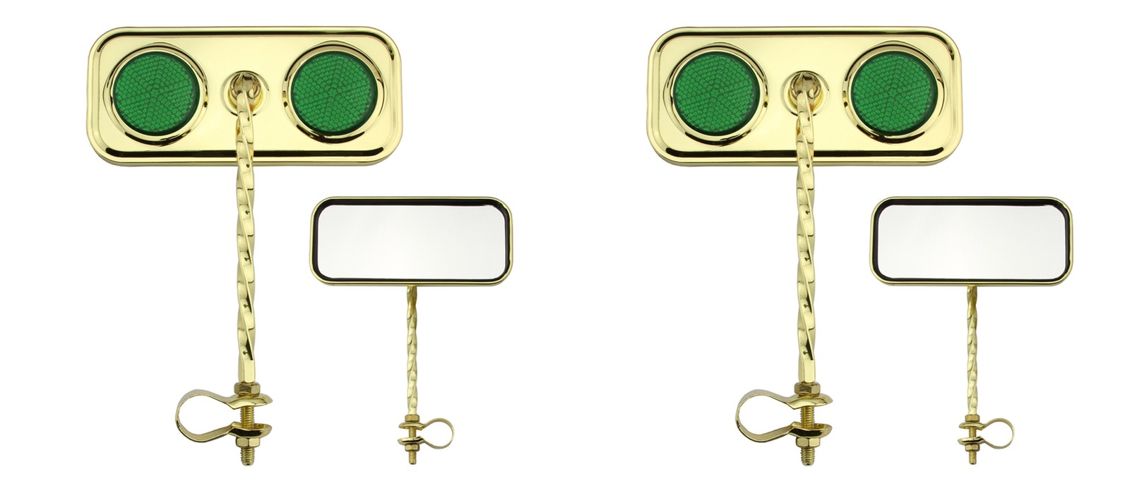Bike Two Rectangle Square Twisted Mirror Gold Green Reflectors.