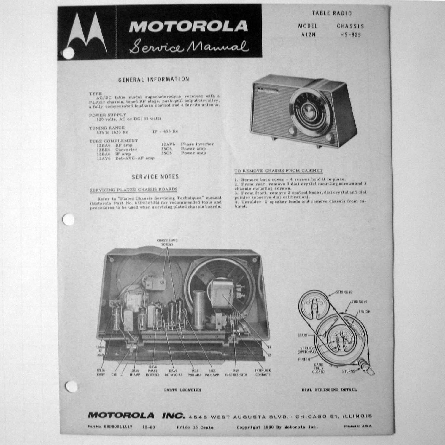 Motorola ® Model A12N Table Top Radio Service Manual © 1960