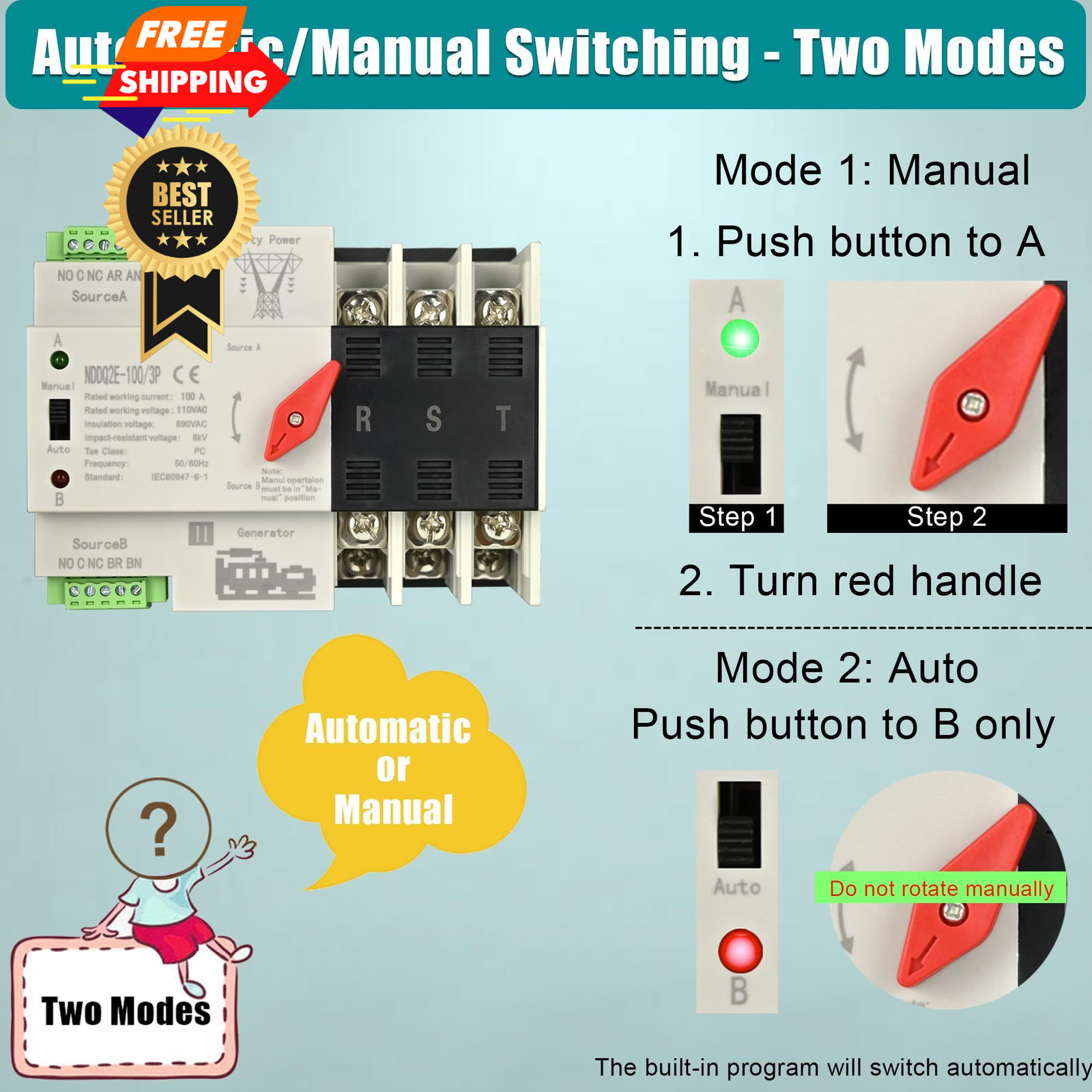 Automatic Transfer Switch, 100 Amp 3 Pole Auto Switch for Home...