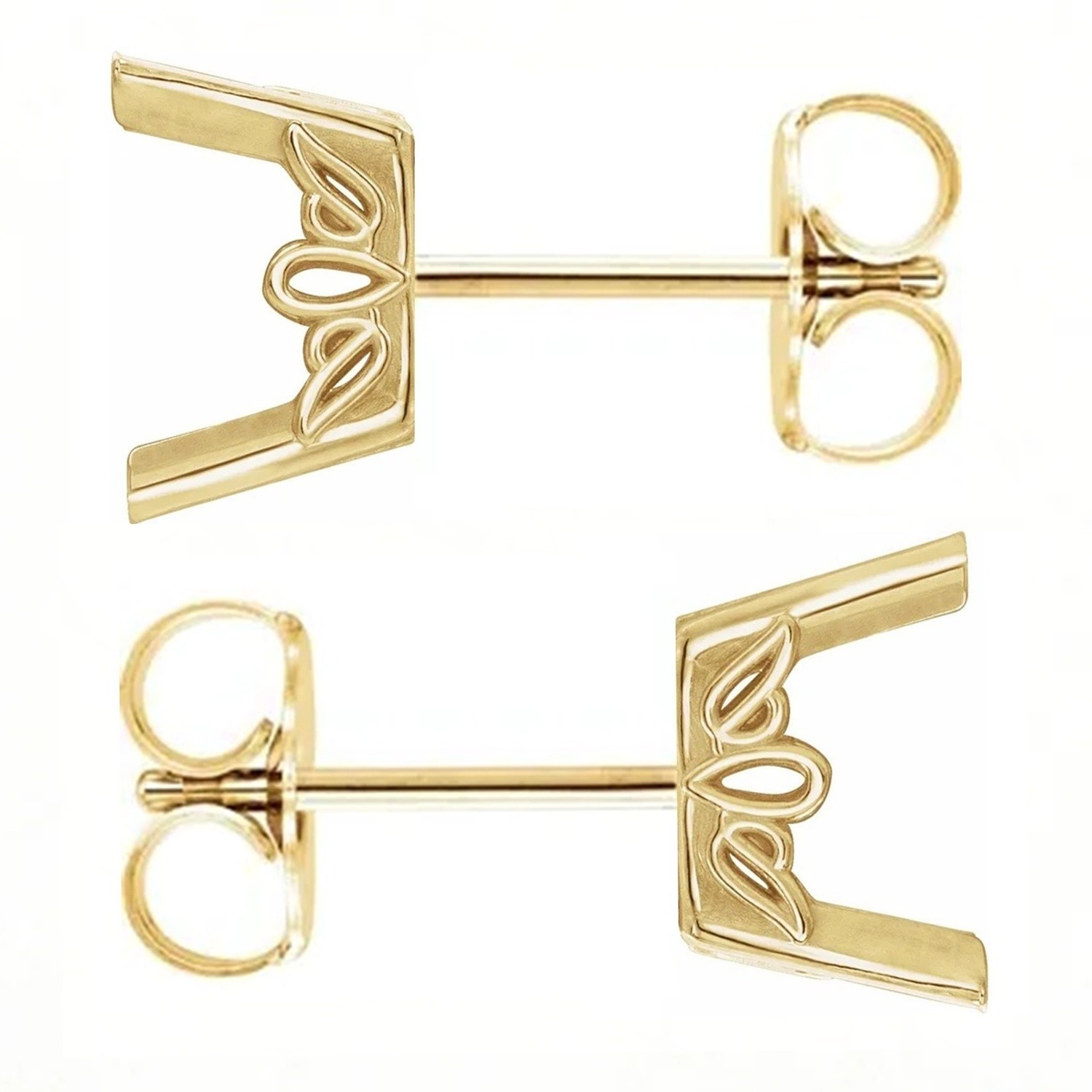 14K Yellow Gold Earring Mountings Emerald Cut Antique Scroll Friction Back -Pair