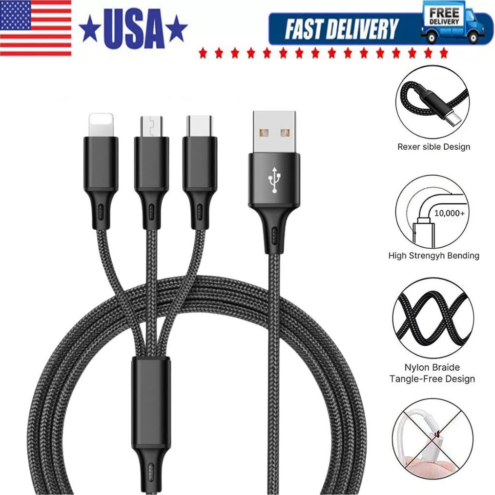 3in1 Fast USB Charging Cable Universal Multi Function CellPhone Charger Cord LOT
