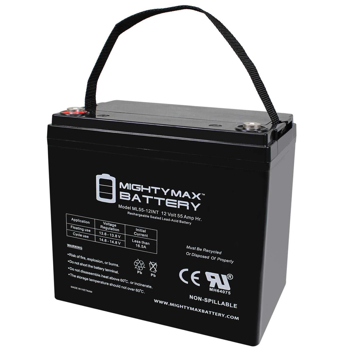 Mighty Max ML55-12INT -12 Volt 55 AH, Internal Thread (INT) Terminal, Rechargeab