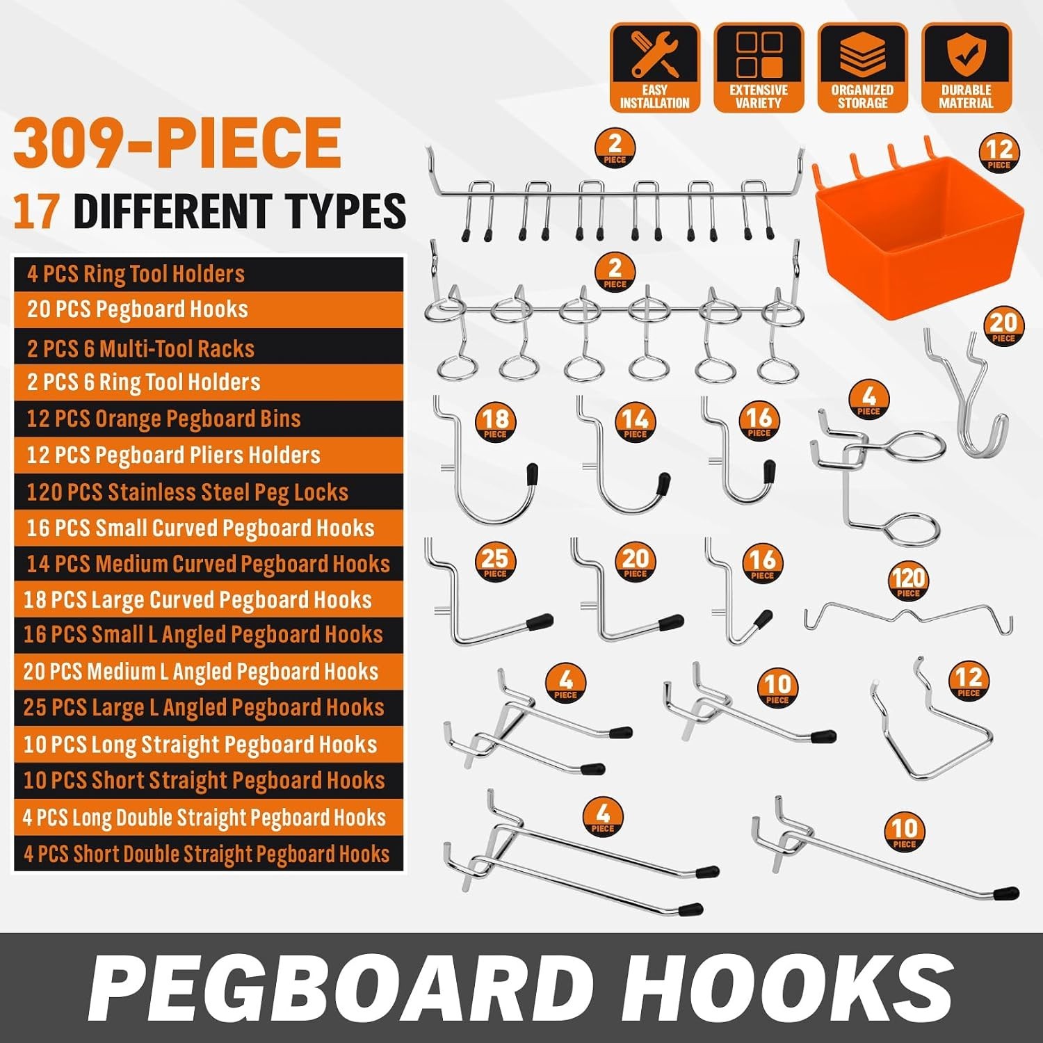 309 PCS Pegboard Hooks Assortment Kit – 17 Types Heavy Duty Peg Board Hooks &...