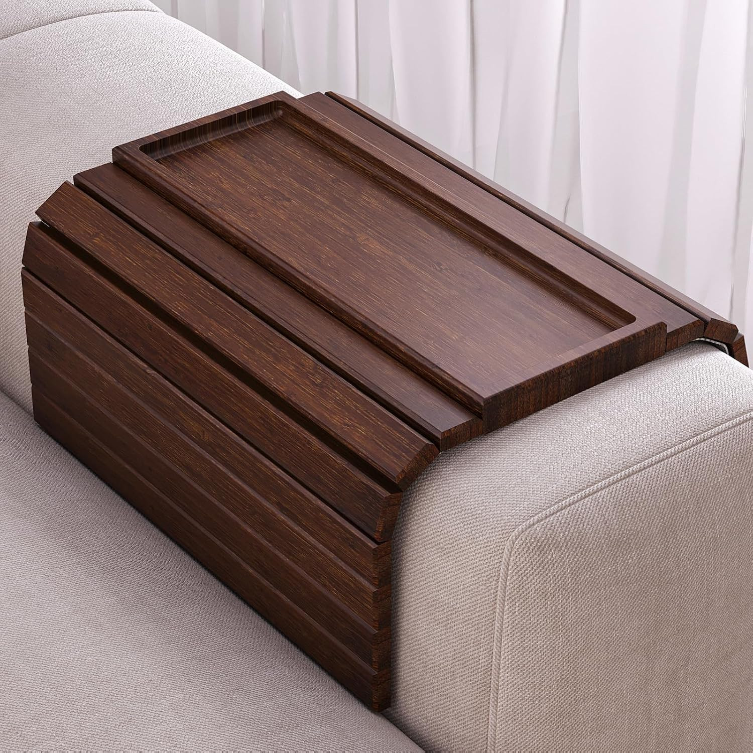 Bamboo Folding Sofa Arm Tray with Anti-Slip Pad (Brown) | Couch Armrest Tray,Fol