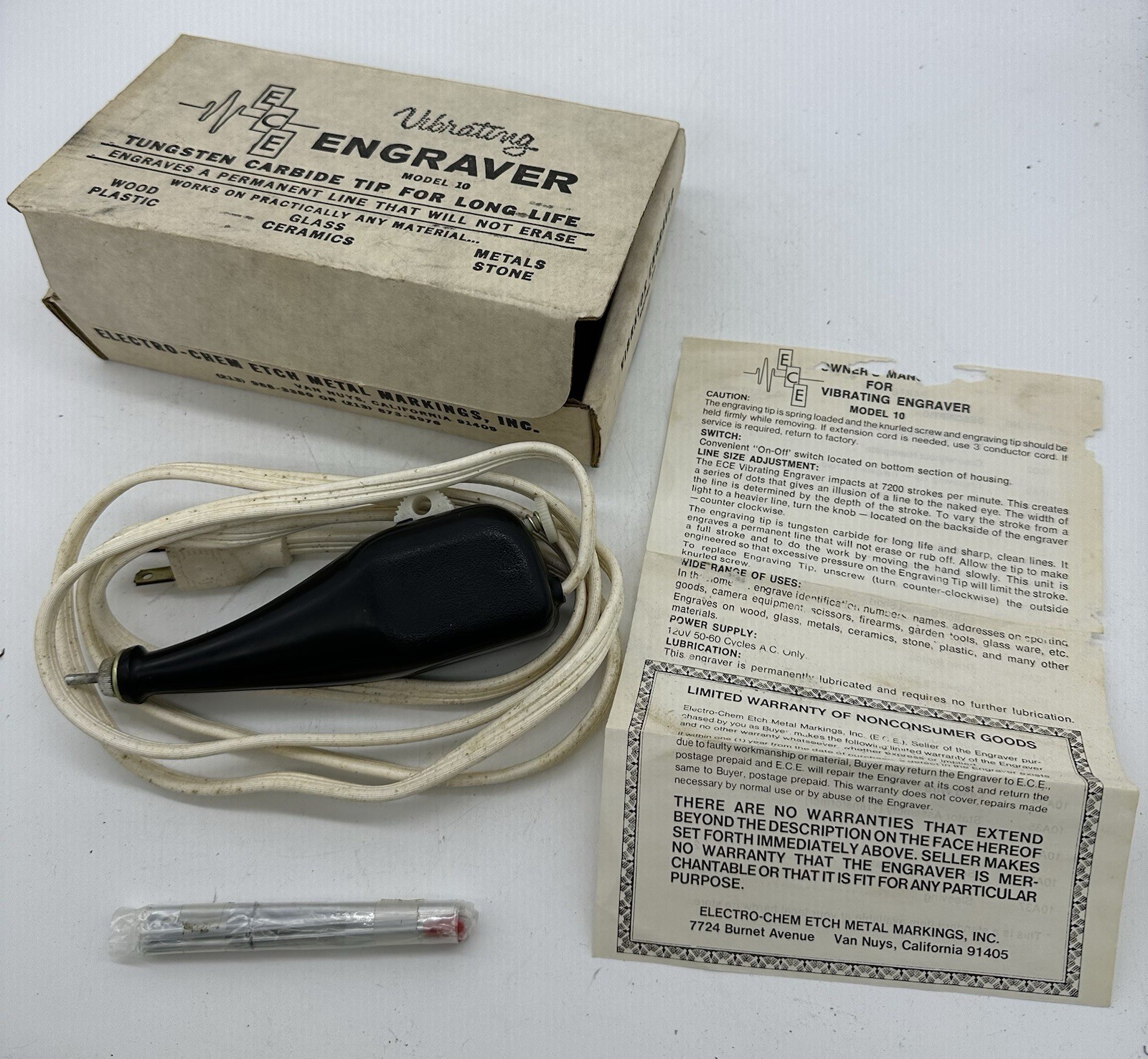 Vintage ECE Electric Vibrating Engraver Model 10 w/Box And Manual,  Made In USA