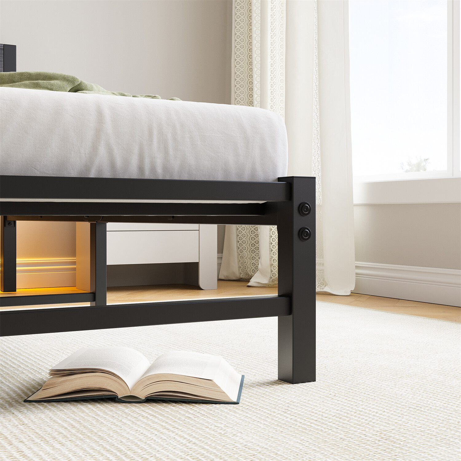 Twin Size Bed Frame Metal Platform Bed with LED Lights & Charging Station US