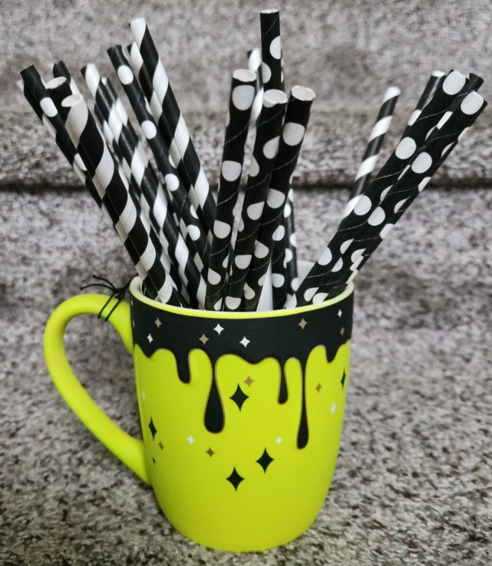 Cobwebs & Cauldrons Mug Flourescent Green Black Drip ~ Halloween