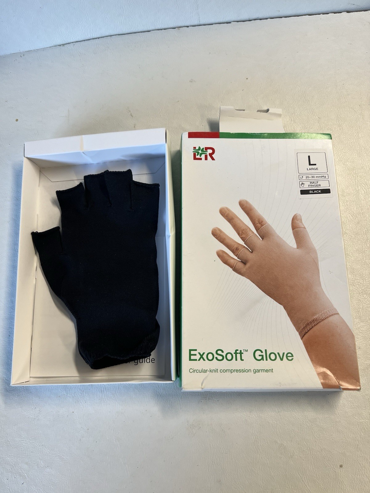 Exosoft Compression Glove - Black - Large - Half Finger - 20-30mmHg - NIB
