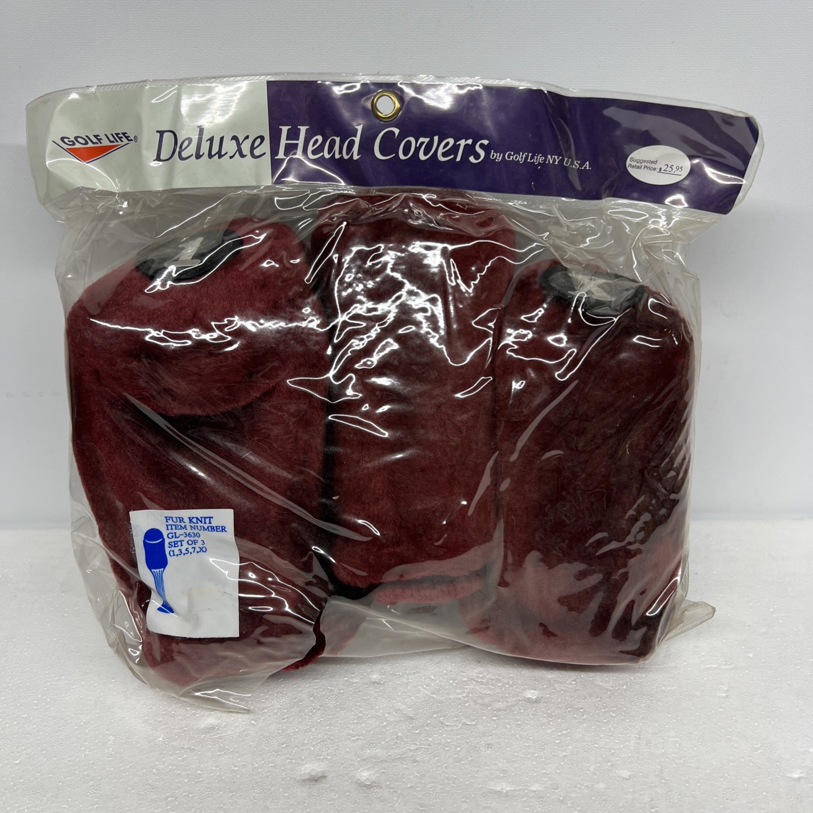 NEW Vintage Golf Club Head Cover Set Of 3  MAROON FUZZY FUR Plush NOS