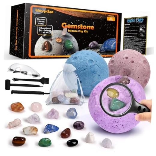 Gemstones Dig Kit, Science Kit for Kids, Dig up 15 Real Gems & Explore Solar