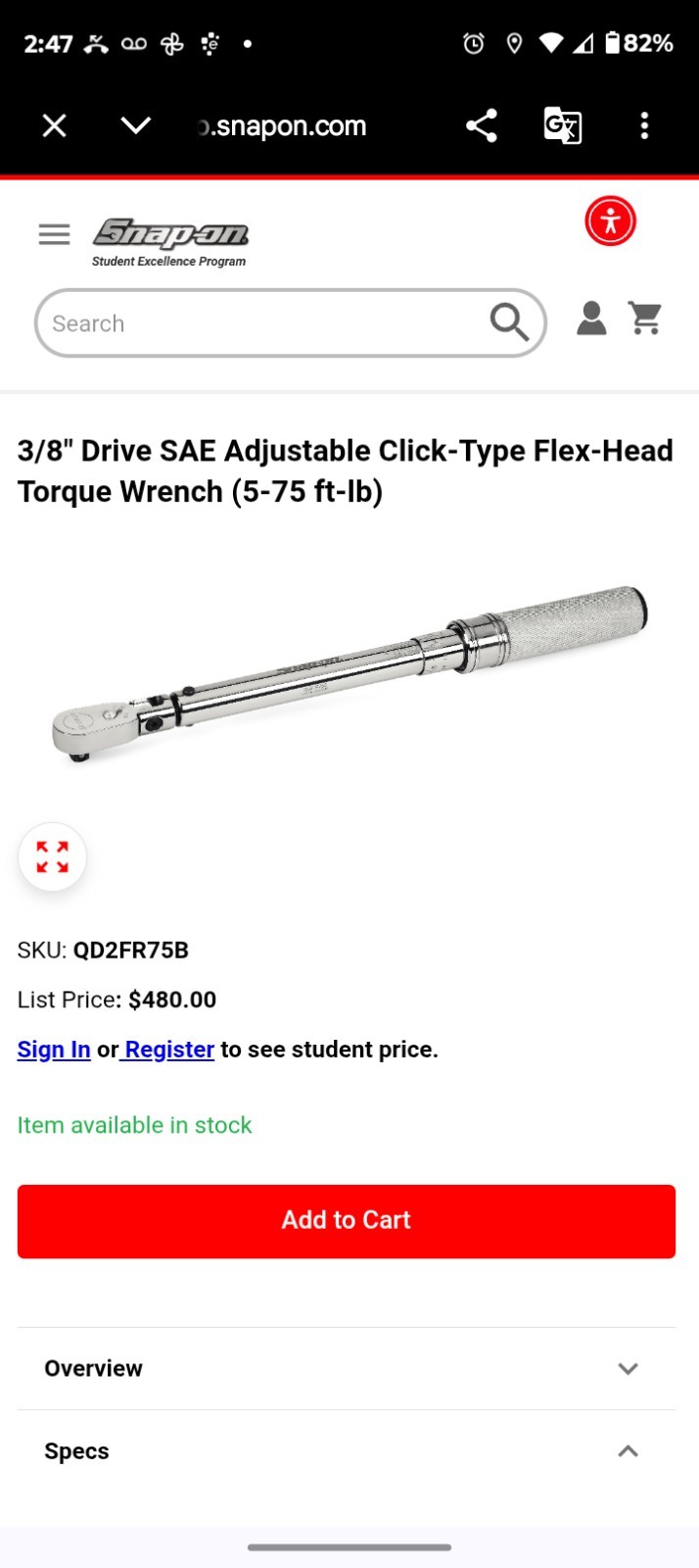 Snap-On 3/8" Torque Wrench  5-75 Ft Lb Model # QD2FR75 Brand New in the box.