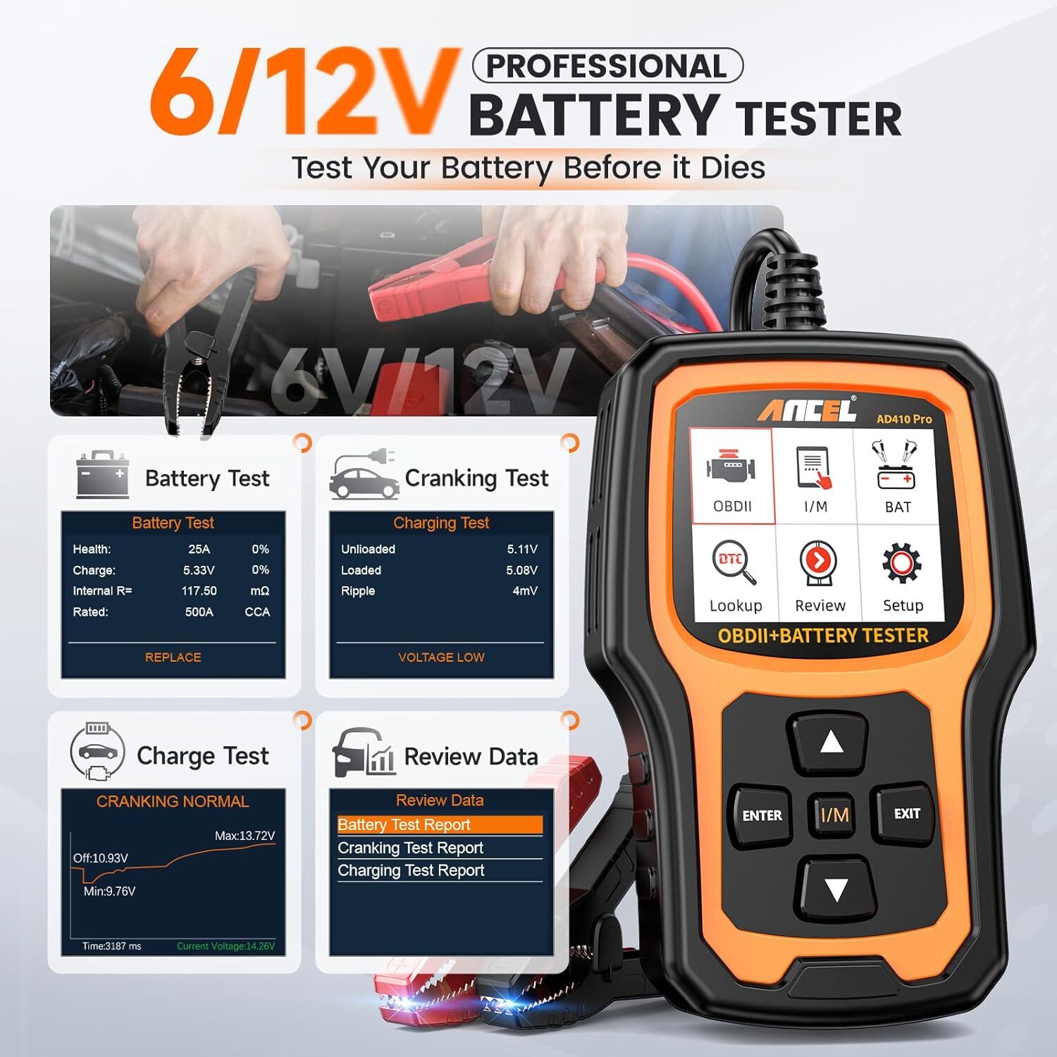 ANCEL AD410 PRO Battery Tester & OBD2 Scanner Auto Code Reader Diagnostic Tool