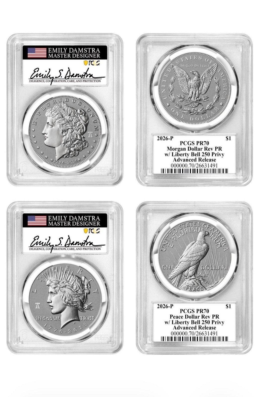 2026-P Morgan & Peace Dollar Reverse Proof 2 Coin Set PCGS PR70 AR Damstra 250