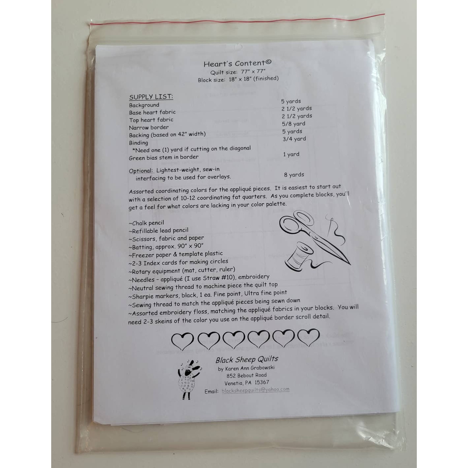 Black Sheep Quilts Heart's Content Quilt Pattern UnCUT