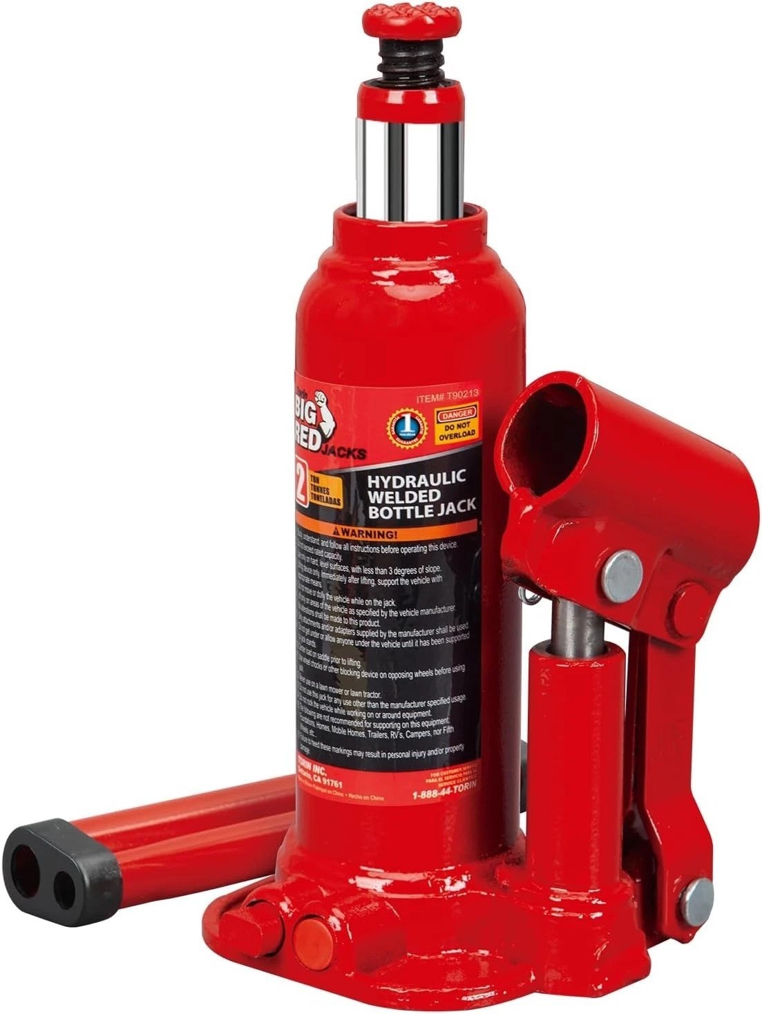 T90203B Hydraulic Welded Bottle Jack, 2 Ton 4,000 lb Capacity, Red