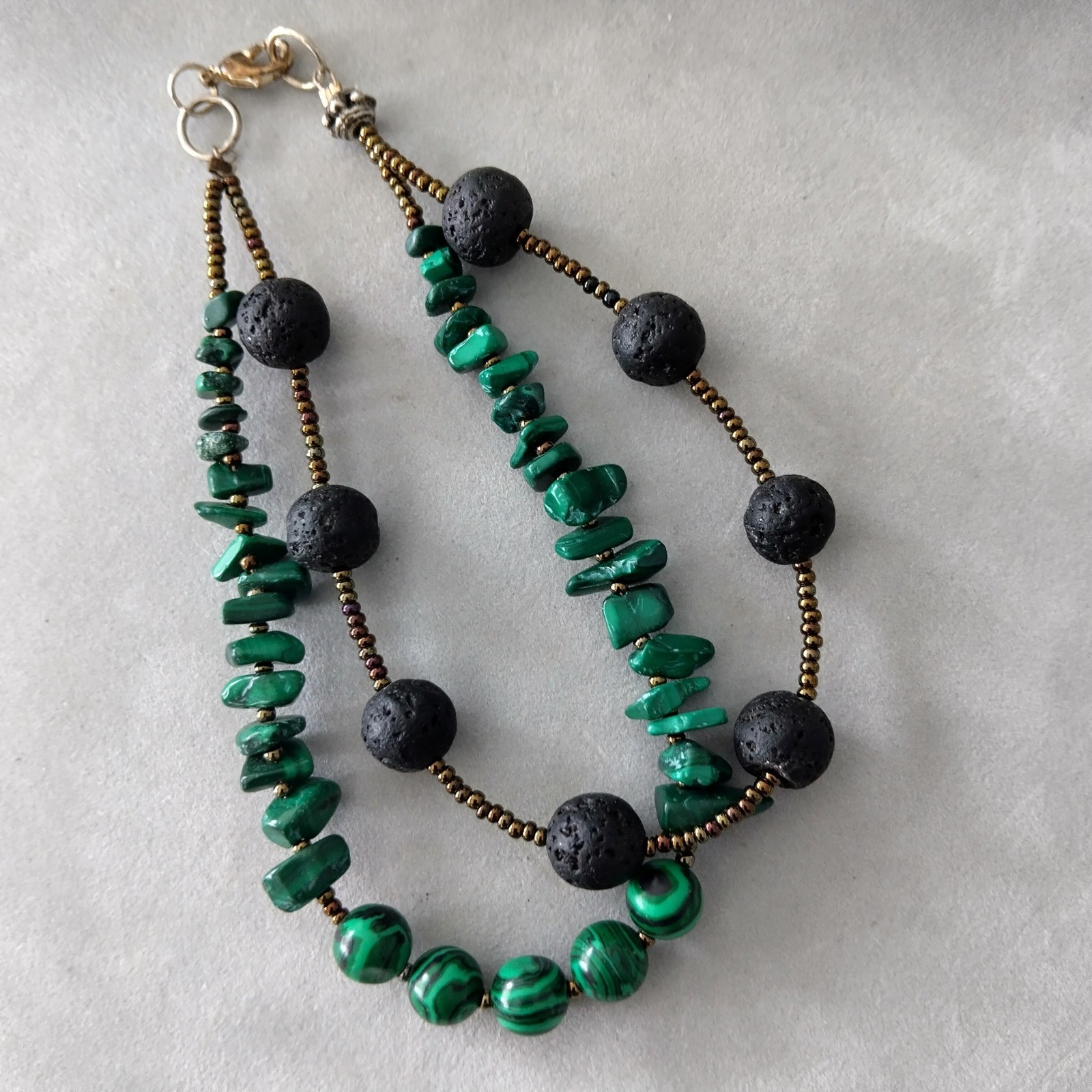 HANDCRAFTED DOUBLE STRANDED BRACELET / MALACHITE AND LAVA ROCK