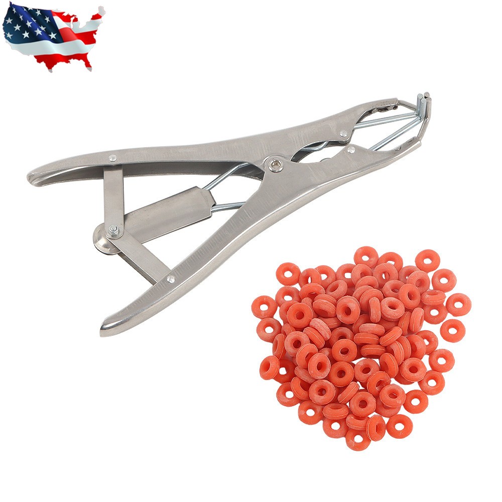 Livestock Castration Bander with 100 Pieces Castrator Rings For Lambs Piglets