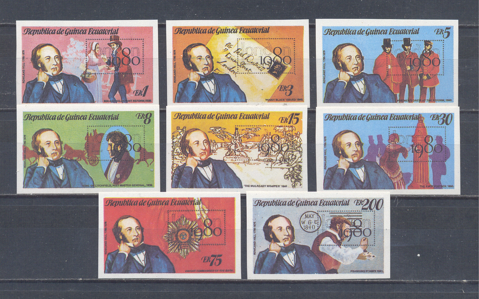 W EQUATORIAL GUINEA 1557B-1564B LONDON STAMP EXHIBITION ON ROWLAND HILL IMP SET
