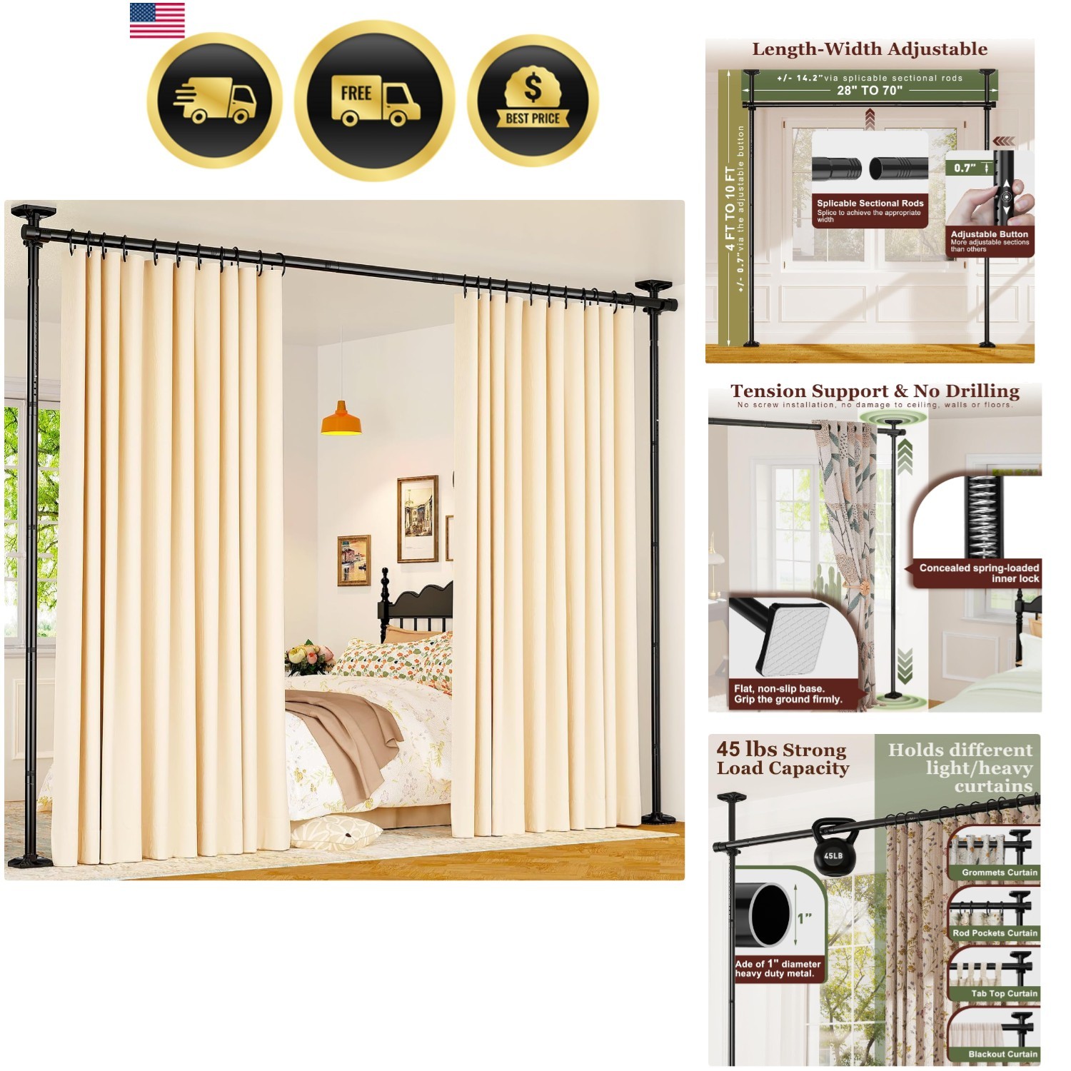 Room Divider for Room Separation Tension Curtain Rods No Drilling Adjustable ...