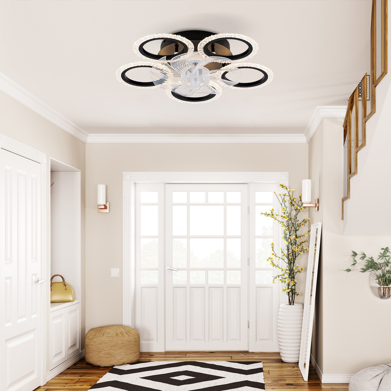 20''Modern Ceiling Fan Lights Remote Control.Black,6 Speeds 3 Light Color Low