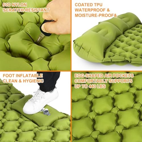 Double Sleeping Pad, Ultralight 4" Extra-Thick Self Inflating Army Yellow