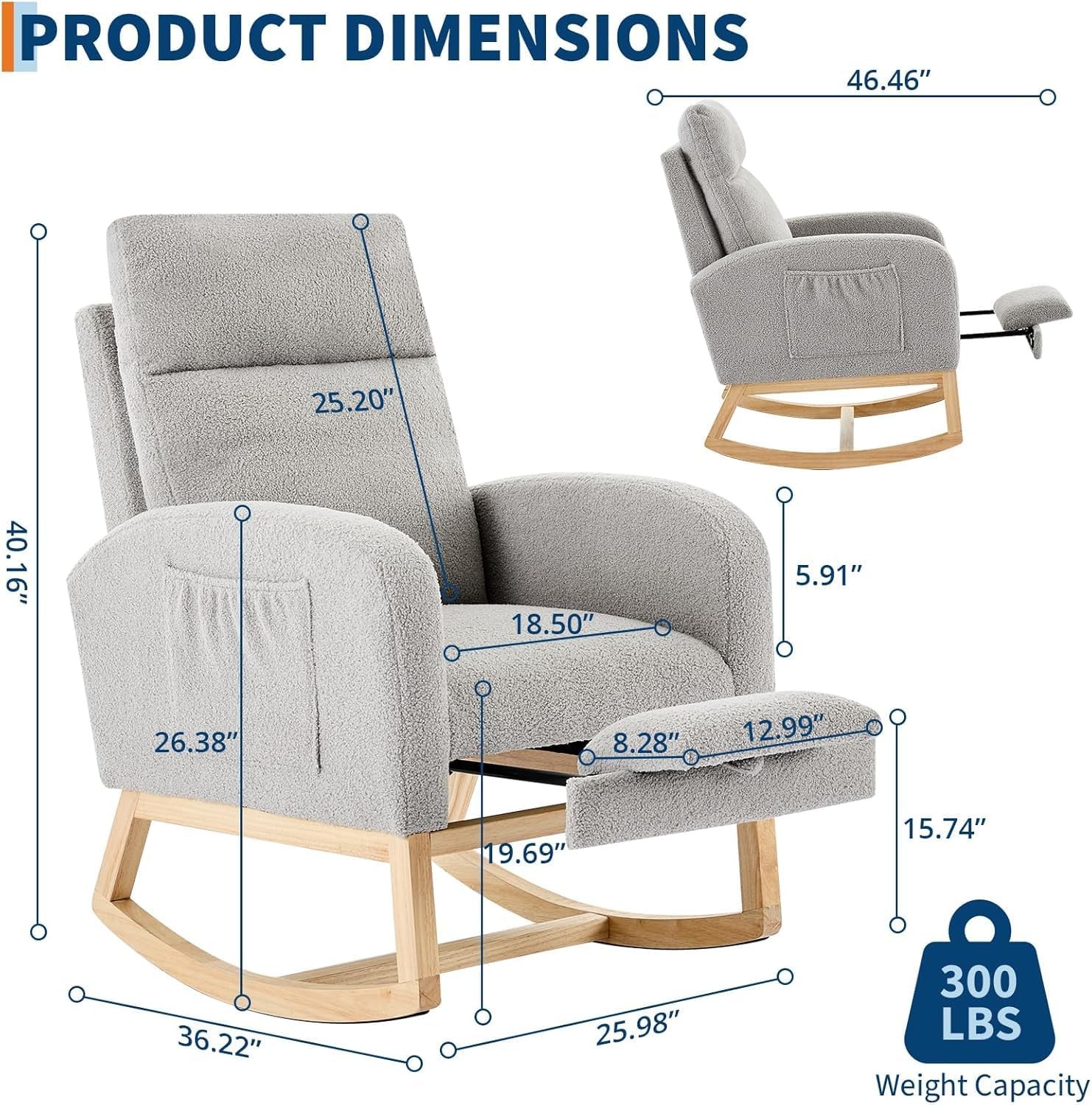 Gray Rocking Armchair,Velvet High Back Chair w Adjustable Footrest & Side Pocket