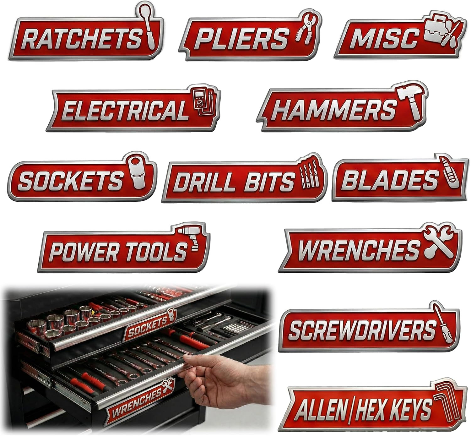 12 PCS Magnetic Tool Chest Labels, Red and White Reusable Drawer Organizer Tags