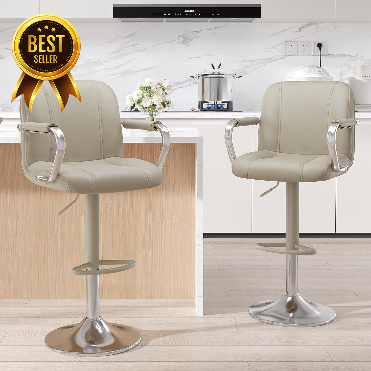 Set of 2 Adjustable Swivel Counter Chairs Beige Kitchen Island Bar Stools