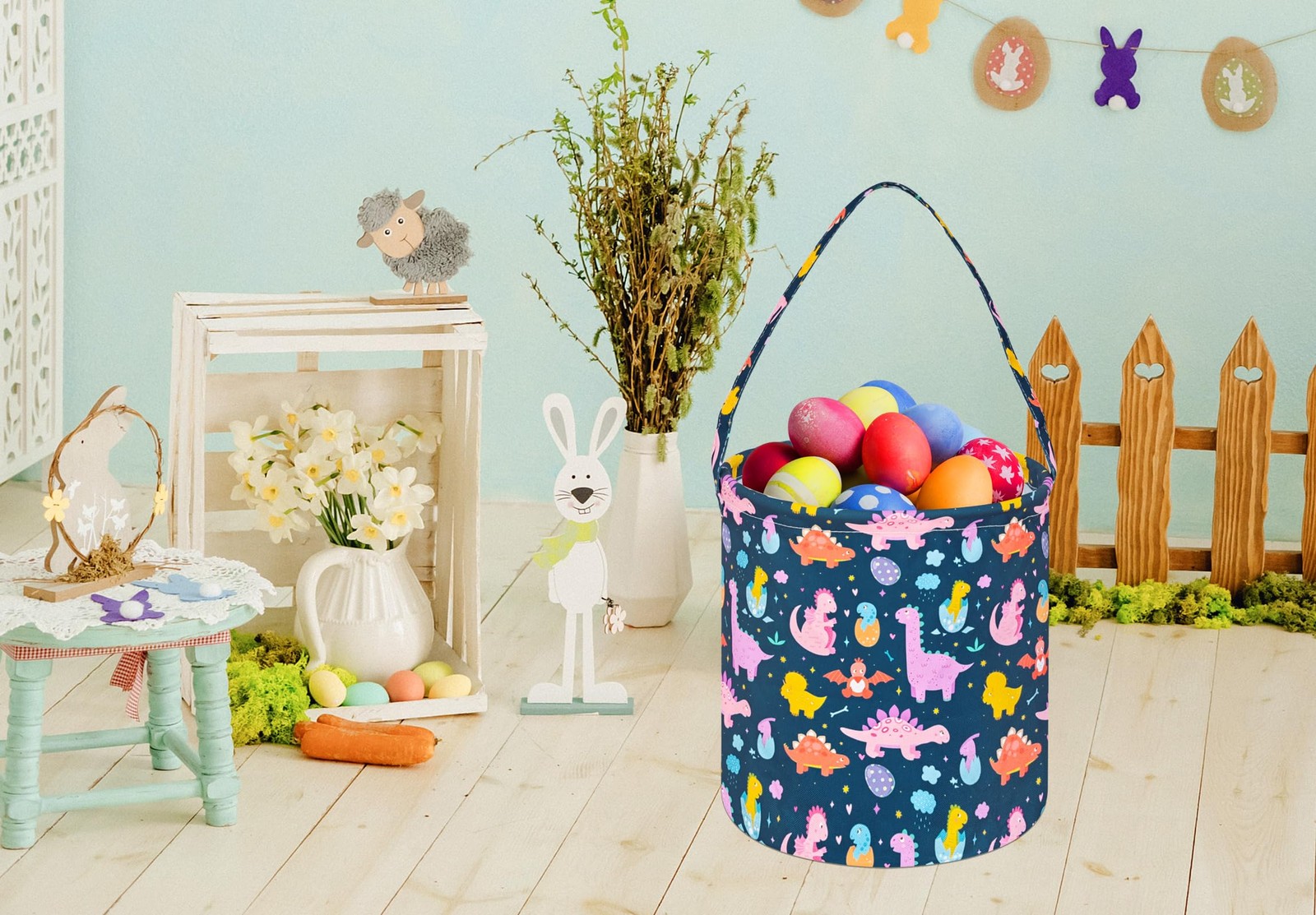 KUNRO Easter Basket Empty Easter Gift Basket Bunny Bucket Egg Print TBags for...