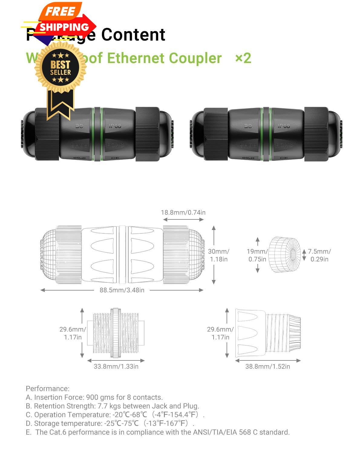 LEENUE Waterproof rj45 Coupler Cat6, IP68 Ethernet Black