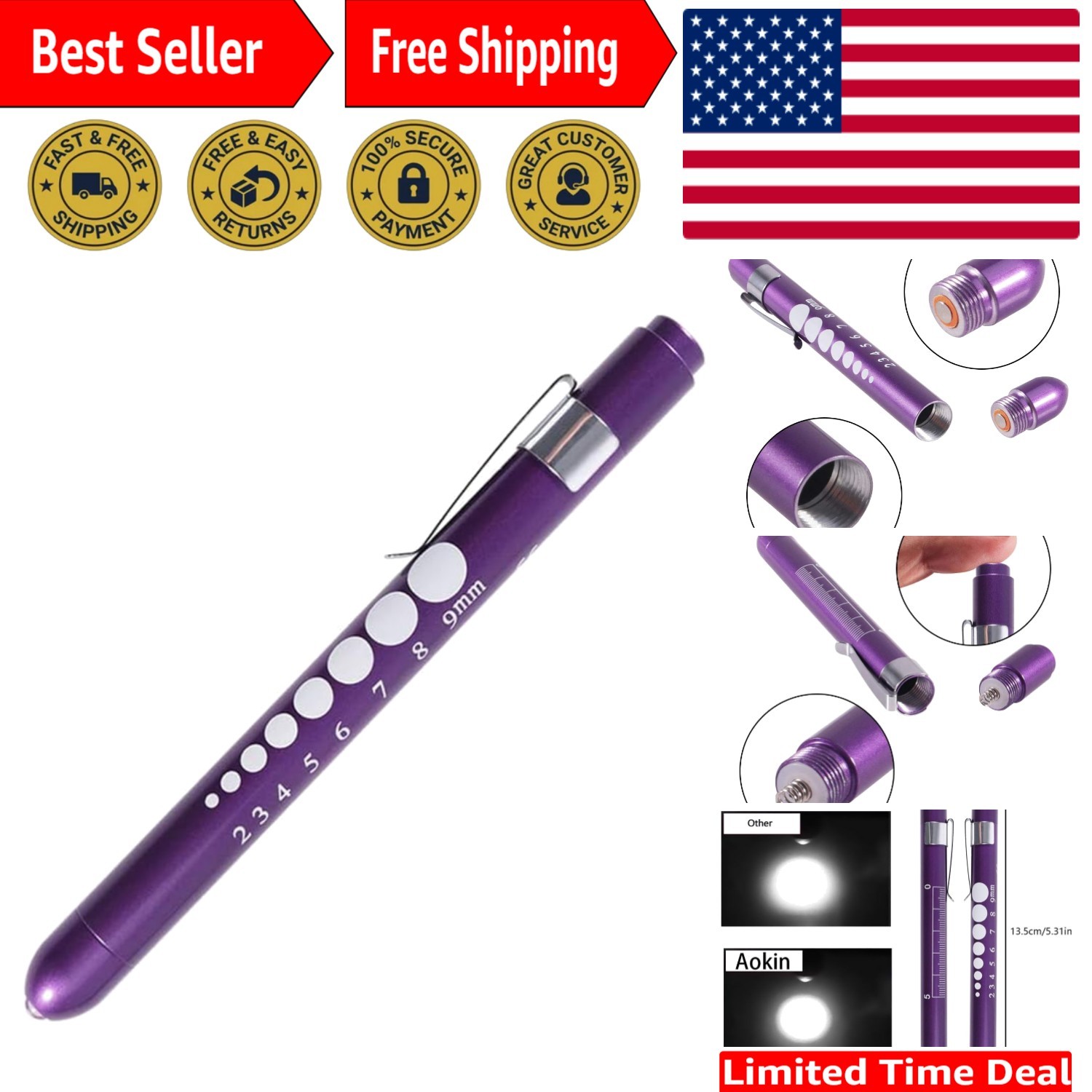 Professional LED Medical Pen Light with Pupil Gauge - Lightweight Purple Design