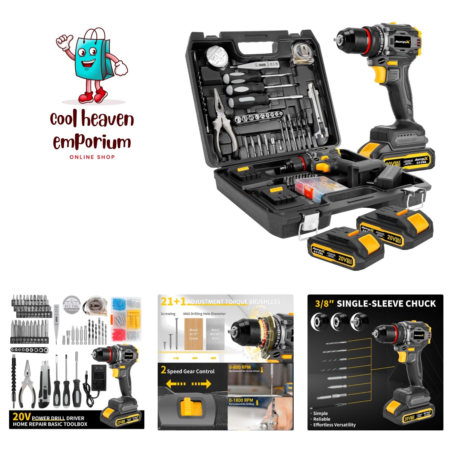 Brushless Compact Drill Tool Set, 60N.m 20V Cordless Drill Tool Box with 2 Ba...